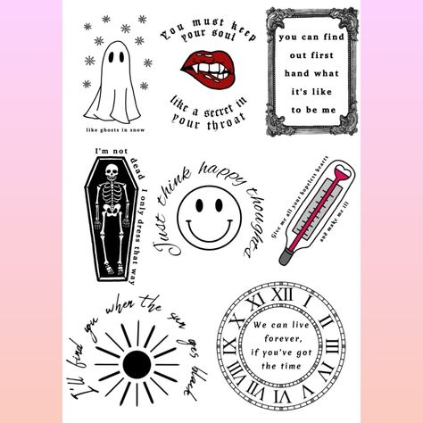 MCR my chemical romance tattoos flash sheet Mcr Tattoo Flash, Mcr Matching Tattoos, Pop Punk Tattoo Ideas, Mcr Doodles, Gerard Way Tattoo, Tattoos Flash Sheet, Mcr Tattoo Ideas, Mayday Parade Tattoo, Ptv Tattoo