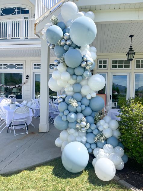 Blue Theme Engagement Party, Balloon Garland Blue And White, Blue And Neutral Balloon Garland, Muted Blue Balloon Garland, Blue Balloon Arch With Flowers, Light Blue And White Balloon Garland, Blue Grey White Balloon Garland, Matte Blue Balloon Garland, Pastel Blue Balloon Arch