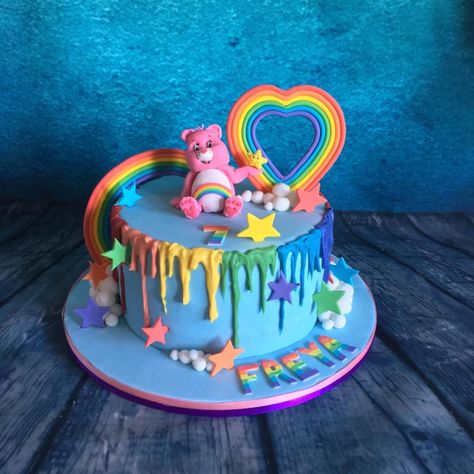 ❥ 80’s Baby | Care Bears Cake Care Bear Cake, Care Bear Cakes, Bear Baby Shower Cake, Care Bears Birthday Party, Care Bear Birthday, Bear Cake, Pink Teddy Bear, Pink Teddy, Pretty Birthday Cakes