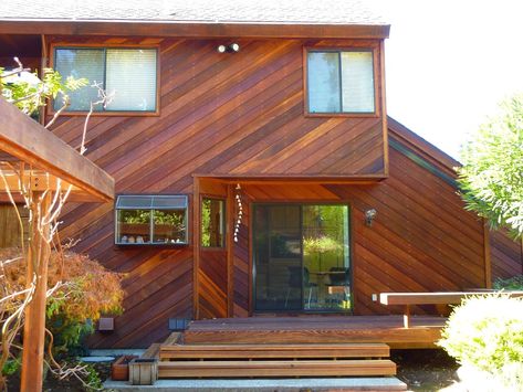 Redwood Siding - Cal Preserving Diagonal Siding Exterior, Diagonal Wood Siding Exterior, Redwood Siding Exterior, Wood Cabin Exterior, Red House Exterior, Redwood Siding, Wood Siding Exterior, Cabin Crafts, Curb Appeal Ideas