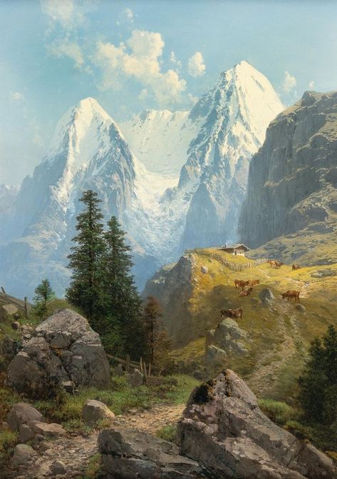 Alpine Landscape, Lukisan Lanskap, Landscape Art Painting, Mountain Scene, Great Paintings, Mountain Paintings, Fantasy Art Landscapes, Mini Canvas Art, Nature Paintings