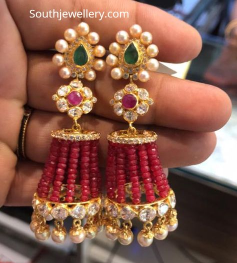 Jimikki Kammal, Moti Set, Gold Jhumkas, Jadau Jewellery, Gold Jhumka, Gold Jhumka Earrings, Jewellery Wedding, Beaded Necklace Designs, 22 Carat Gold