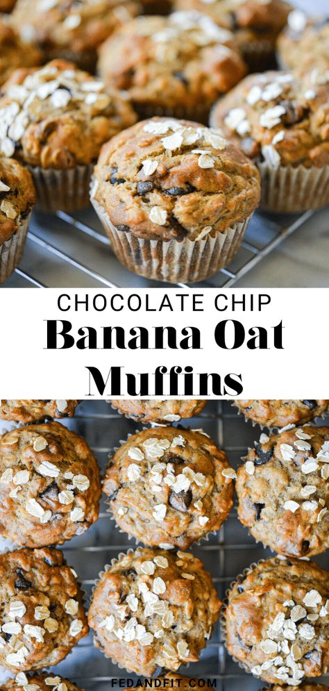 These Chocolate Chip Banana Oat Muffins are everything good about banana bread but made in portable muffin form for a delicious, on-the-go breakfast! Banana Bread Oat Cups, Oat Muffins Banana, Bread Flour Muffins, Banana Oat Breakfast Muffins, Breakfast Muffins With Bananas, Wheat Flour Banana Muffins, Banana Oat Muffin Recipe, Banana Bread Breakfast Muffins, Easy Banana Oat Muffins