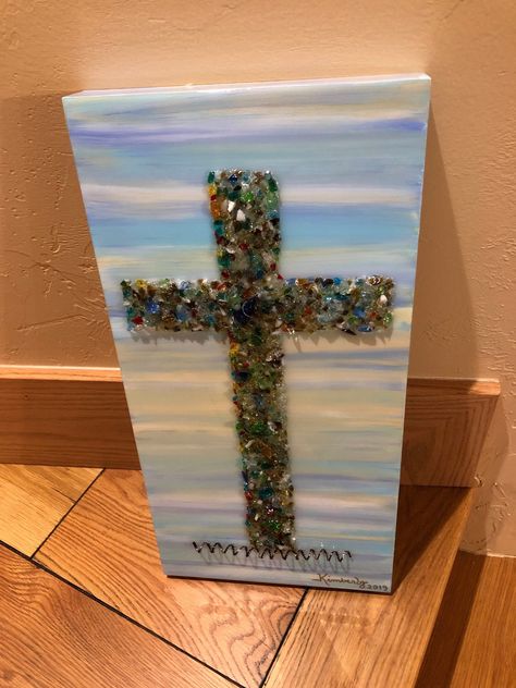 "TITLE: Crushed Glass Cross - Crushed Glass Art - Made to Order Designs by Kimberly* WELCOME to my Contemporary Art Studio, where I use multiple mediums; combining canvas, acrylic paints, Crushed Glass and resin, as well as other mediums, to create colorful art pieces. ABOUT THIS PIECE: This piece is made with a gallery wood panel, painted with acrylic paints, embellished with crushed glass and beads (multiple colors), metal, curled pieces, finished with UV resin. SIZE: 10\"x 20\"x 1.5\" MADE TO Crushed Glass Crafts, Crushed Glass Art On Canvas, Resin Glass Art, Shattered Glass Art, Crushed Glass Art, Angel Pics, Beaded Canvas, Resin Art Tutorial, Shell Pictures