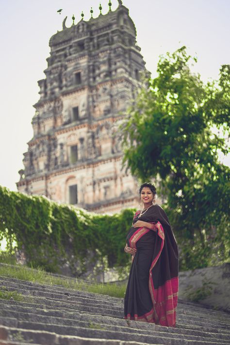 Traditional Maternity Shoot India, Maternity Shoot In Temple, Indian Maternity Shoot, Indian Maternity Photos, Shower Poses, Maternity Gown Photography, Indian Maternity, Shower Pictures, Ravi Varma