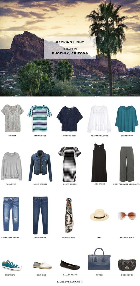 What to Pack for Phoenix Arizona Packing Light List #packinglist #packinglight #travellight #travel #livelovesara Arizona Packing List Spring, Packing For Arizona Spring, Arizona Capsule Wardrobe, Spring Arizona Outfits, Phoenix Az Outfits, Arizona Spring Break Outfits, Phoenix Arizona Outfits Spring, Arizona Spring Outfits, Phoenix Arizona Outfits