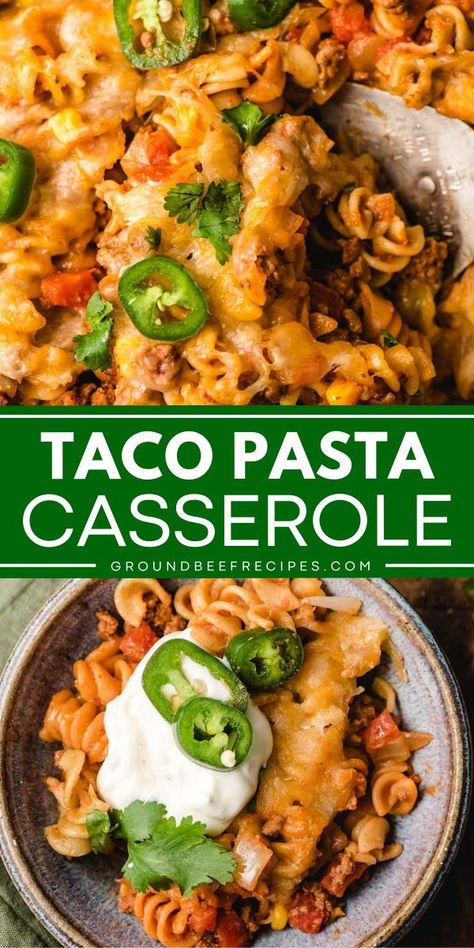 Experience your favorite classic tacos in one comfort food casserole! Hearty and cheesy, this taco pasta bake is an easy comfort food dinner the whole family will love. Save this taco pasta casserole recipe! Taco Pasta Bake Casserole, Classic Tacos, Taco Pasta Casserole, Taco Bake Casserole, Taco Pasta Bake, Taco Casserole Bake, Comfort Food Casserole, Pasta Casseroles, Ground Beef Pasta Recipes