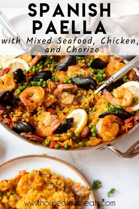 This delicious Spanish Paella recipe is a wonderful dish made with bomba rice, savory veggies and spices, and plenty of protein in the form of chicken, sausage, and mixed seafood. The best part is you can customize it according to your own personal preference or what you have on hand! | spanish paella recipe authentic | spanish paella recipe seafood | spanish paella recipe authentic chicken | spanish paella recipe authentic seafood | homemade paella recipe | homemade seafood paella Spanish Seafood Rice Paella Recipe, Piaya Recipe Dinners, Pialla Recipes Seafood, Authentic Spanish Paella, Paella Recipe Authentic, Authentic Spanish Paella Recipe, Homemade Paella, Paella Recipes, Spanish Paella Recipe