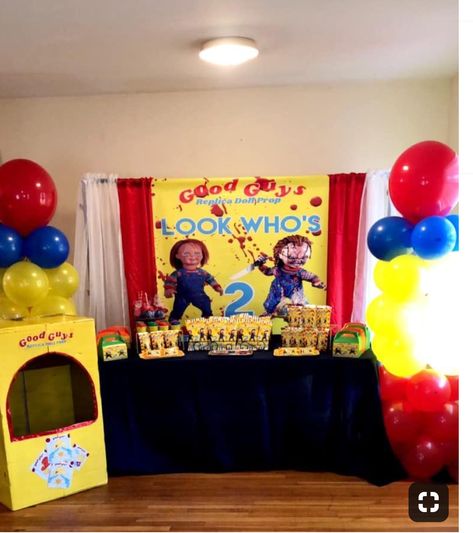 Chucky party theme Chucky Theme Trunk Or Treat, Chuckie Birthday Party, Chucky Food Ideas, Chucky Party Decorations, Chucky Themed Trunk Or Treat, Chucky Halloween Decorations, Chucky Decorations, Chucky Party Ideas, Chucky Themed Birthday Party