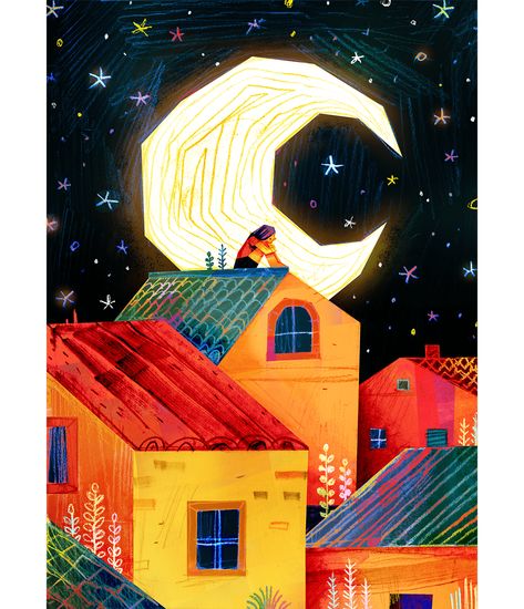 Closer Homes houses ILLUSTRATION moon night stars supermoon town whimsical Night Illustration, Star Illustration, Moon Illustration, Wacom Intuos, Night Art, Children's Book Illustration, Funky Art, Art Plastique, Illustration Print