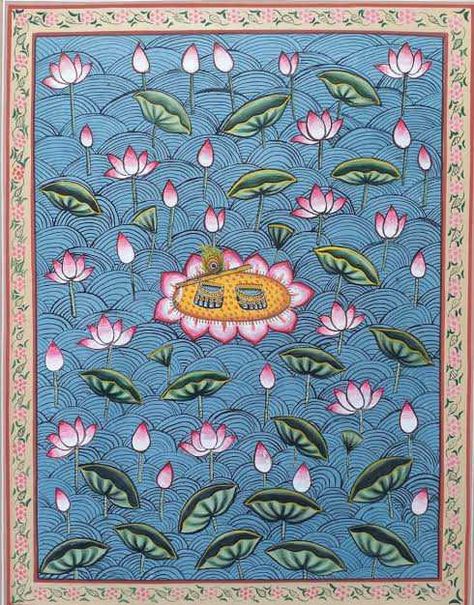 Lotus Pichwai Painting, Pichwai Paintings Lotus, Kerala Painting, Rajasthani Miniature Paintings, Royal Interior, Hindu Puja, House Paintings, Pichwai Art, Pichwai Painting