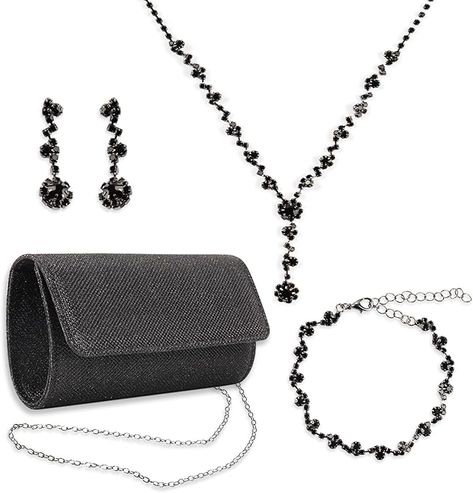 4 Pcs Rhinestone Jewelry Sets for Women Wedding Jewelry Set, Homecoming Accessories Earrings Necklace Bracelet Evening Bag Handbag Clutch Purses for Evening Party, Black Black Handheld Evening Bag With Rhinestones, Black Party Clutch With Chain Strap, Black Rhinestone Shoulder Bag For Events, Black Party Clutch With Chain, Black Evening Clutch With Chain, Homecoming Accessories, Homecoming Jewelry, Bling Accessories, Envelope Handbag