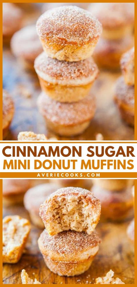 This breakfast on the go beats a bowl of cold cereal! It comes together in 30 minutes from start to finish. Once you pop these Cinnamon Sugar Mini Donut Muffins, you can't stop! What's not to love about a back to school recipe that's part donut hole, part mini-muffin? Mini Donut Muffins, Muffin Pops, Cinnamon Sugar Donut Holes, Donut Muffins, Averie Cooks, Cold Cereal, Cinnamon Sugar Donuts, Cinnamon Muffins, Mini Muffin Pan