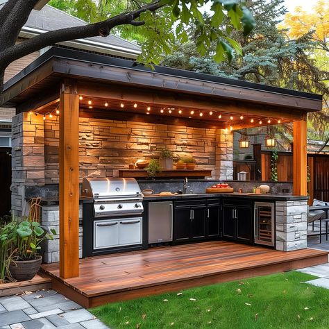 backyard_kitchen 6 Backyard Bbq Layout, Outdoor Kitchen Added To House, Backyard Bbq Landscape Ideas, Outdoor Kitchen With Hot Tub, Covered Outdoor Cooking Area, Backyard Patio Bbq Designs, Bbq Shelter Ideas Grill Area, Outdoor Dinner Ideas Food, Backyard Patio Designs Kitchen