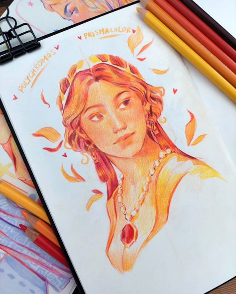 Let me show you a very special drawing 💫 I recently got a new set of colored pencils, that has been so amazing to use! Prismacolor might just be my new favorite brand to use in my work, but I wanted to compare it with my also great set of Faber-Castell Polychromos 🧡 it has been amazing to use them both and I am so grateful that I am even able to try them! This was such a fun experiment, it took about an hour to finish, and honestly they're both amazing! 👉 Wanna see the process behind this ... Art Using Colored Pencils, Coloring Traditional Art, Drawings Using Colored Pencils, Color Pencils Ideas, Sketch Color Drawings, Color Pencil Reference, Art Sketches Colored Pencils, Prismacolor Pencils Drawing, Luminance Colored Pencils