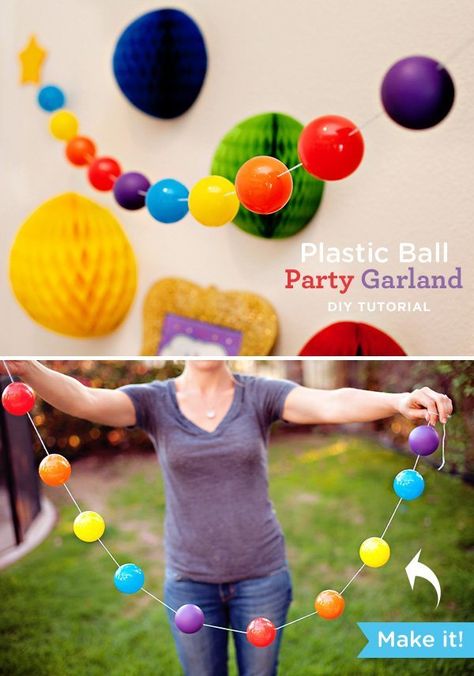 Reusable party garlands are one of my favorite budget-friendly ways to decorate for a special occasion. This clever and colorful garland is made from the small plastic balls used to fill a child&#8… Ball Pit Party, Bouncy Ball Birthday, Ball Theme Birthday, Gumball Party, Balloons Decoration, Ball Birthday Parties, Plastic Ball, Ball Birthday, Ball Garland