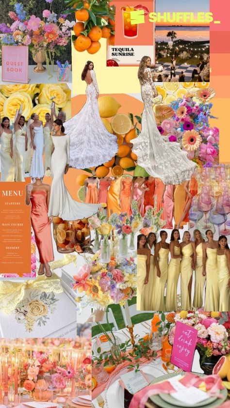 Created by hannahhurtack1 on Shuffles Electric Wedding, Sunset Wedding Theme, Sunset Wedding Colors, Bridesmaid Color Scheme, Whimsical Wedding Theme, Egyptian Wedding, Wildflower Wedding Theme, Spring Wedding Color Palette, Sunset Color Palette