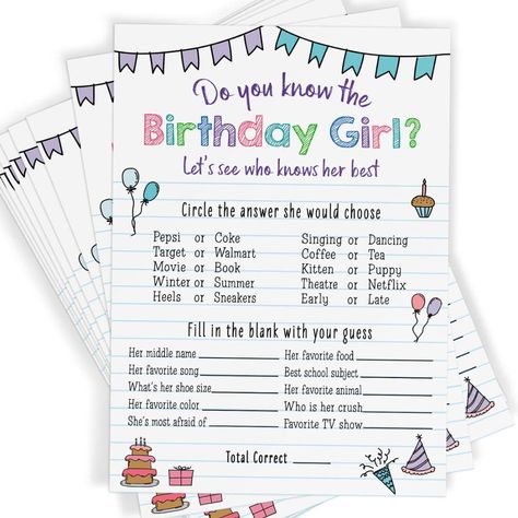 AmazonSmile: Birthday Girl Party Game, Who Knows Her Best, 25 Sheets, Notebook Themed Party Activity and Idea : Toys & Games Best Notebook, Girls Birthday Games, Birthday Games For Kids, Girls Party Games, Game Movie, Cute Birthday Ideas, Birthday Activities, Fun Sleepover Ideas, 13th Birthday Parties