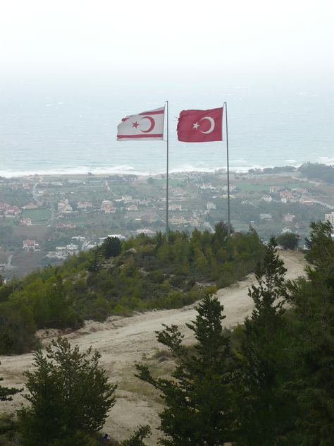 A sad reminder that Northern Cyprus does not have its independence from Turkey. The Northern Cypriot flag cannot fly on its own. I hope the economic rise of Turkey soon benefits the islanders. Northern Cyprus, North Cyprus, Cyprus, Seattle Skyline, Room Inspo, Art Ideas, I Hope, Flag, Benefits