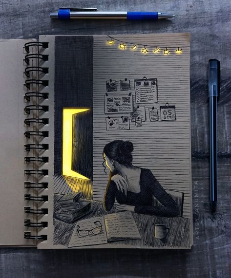 glow art, pen art, magical , light effect Beautiful Drawing Sketches, Sketch Book Creative Ideas, There's A Hope That's Waiting For You In The Dark, Paintings About Hope, Aesthetic Book Art, Art Journal Drawing Ideas, Drawing Ideas Artistic, Cool Sketches Aesthetic, Sketch Color Drawings