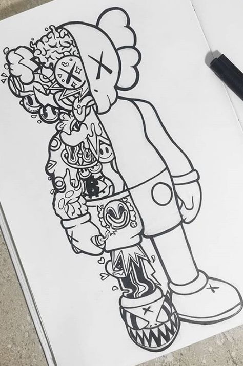 First Page In Sketchbook, Kaws Art Drawing, Kaws Tattoo Design, Sketches Ideas Aesthetic, Kaws Drawing Easy, Easy Graffiti Art, Cool Cartoon Art, Graffiti Characters Sketches, Drawing Sketches Ideas