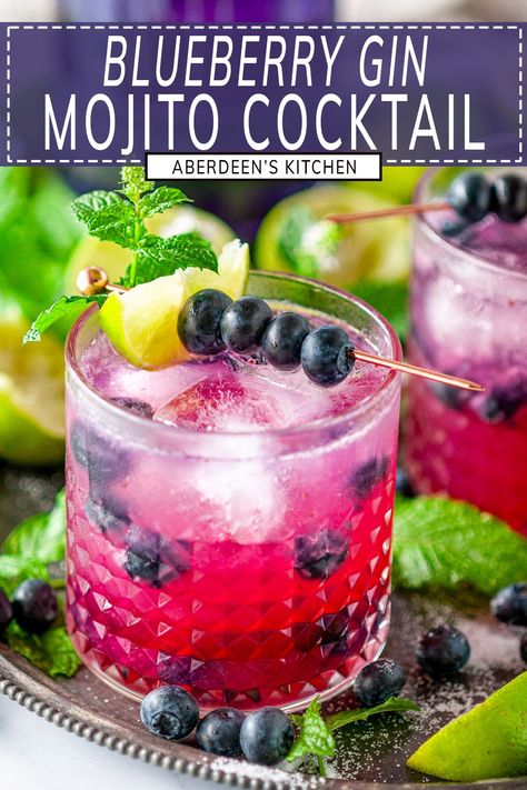 🌿🫐 Embrace your inner mixologist and swap rum for gin to make a refreshing blueberry gin mojito! Enjoy this vibrant twist on the classic cocktail with juicy blueberries, floral gin, and of course, fresh mint. From aberdeenskitchen.com #blueberry #gin #mojito #cocktail #happyhour #drink #beverage #mixoogy #summer #empressgin #purple #recipe Gin Mojito, Blueberry Gin, Mint Cocktails, Mojito Cocktail, Yummy Pasta Recipes, Cocktail Recipes Easy, Classic Cocktail, Easy Cocktails, Gin Cocktails