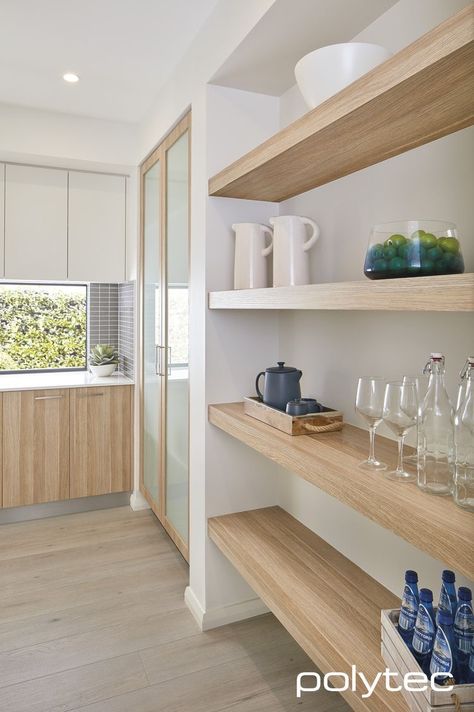 White oak shelves for kitchen. Remove existing upper cabinets on outside wall. Kabinet Dapur, Butler's Pantry, Pantry Design, Kitchen Doors, Trendy Kitchen, Kitchen Tiles, Kitchen Shelves, Wooden Shelves, Design Case