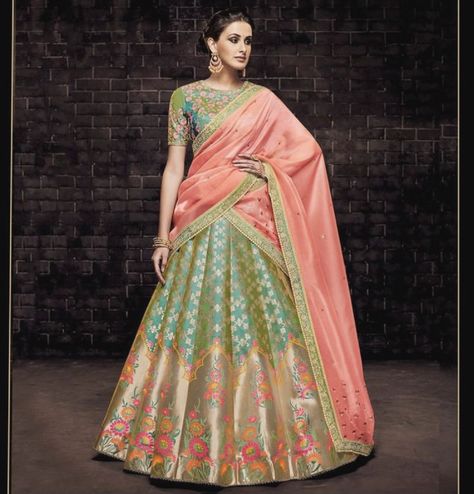 Teal Lengha, Embroidery Lehenga, Thread Weaving, Seasonal Outfits, Silk Lehenga Choli, Rajputi Dress, New Saree Designs, India Clothes, Lehenga Choli Online