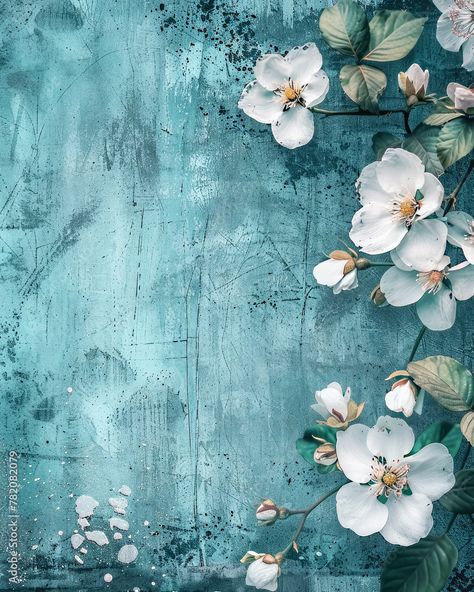 Vintage White Flowers on Rustic Turquoise Blue Background in Distressed Grunge Style Stock Illustration | Adobe Stock Colorful Fabric Patterns, Teal Blue Background, Blue Flowers Background, Decoupage Images, Turquoise Frame, Blue Grunge, Glitter Wall Art, Vintage Paper Background, Rustic Background