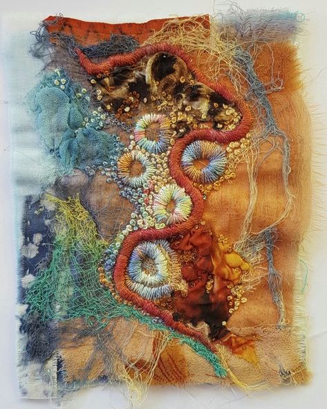 Textiles Sketchbook, A Level Textiles, Mixed Media Textiles, Ornaments To Make, Ornaments Homemade, Abstract Embroidery, Textile Art Embroidery, Folded Fabric, Textiles Projects