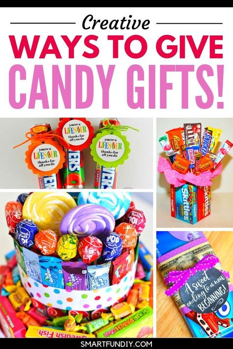 40+ creative candy gift ideas for teachers, graduation, coworkers, and even GUYS! Everyone loves candy - be sure to SAVE these clever affordable candy gift ideas to give for every occasion #smartfundiy #candy #gift #dollarstore #affordable #cheap #giftidea Candy Gift Ideas, Gift Ideas For Teachers, Candy Gift Baskets, Candy Grams, Ideas For Teachers, Candy Crafts, Birthday Candy, Work Diy, Candy Bouquet