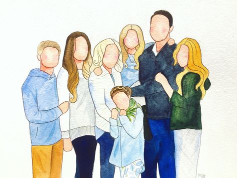 Watercolor family portrait by brushworkbyjustine Family Portrait Illustration Drawing, Faceless Family Portrait, Family Sketch Illustration, Watercolor Family Portrait, Family Painting Ideas Diy Canvas, Family Drawing Illustration, Family Picture Drawing, Illustrated Family Portrait, Family Sketch