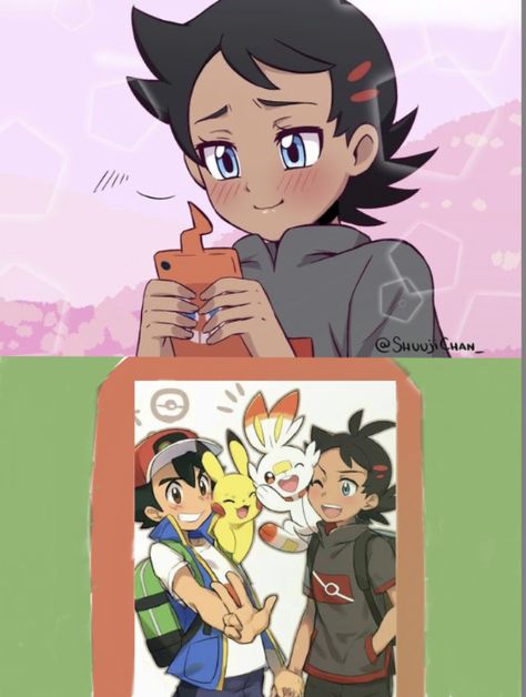 Goh looks at his cell phone. Goh Pokemon, Satoshi Pokemon, Pokémon Ships, Ash Pokemon, Pokemon Eeveelutions, Pokemon Ships, Gym Leaders, Pokemon Comics, Hedgehog Art