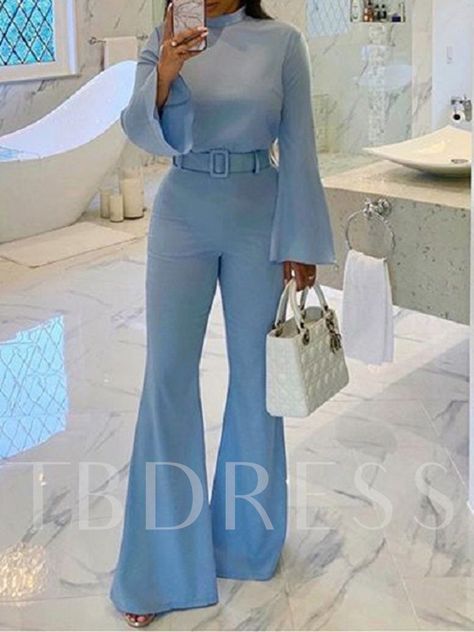 Plain Full Length Casual Slim Women's Jumpsuit Bell Bottom Jumpsuits, Cheap Fashion Dresses, Yellow Jumpsuit, Look Formal, Classic Clothing, Belt Jumpsuit, Jumpsuit Online, Blue Jumpsuits, فستان سهرة