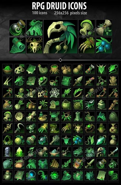 RPG Druid Icons, Game Assets | GraphicRiver Druid Pack, Video Game Icons, Rpg Icons, Rpg Items, Dnd Druid, Map Games, Props Concept, Game Icons, Ui Game