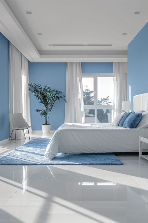 29 Minimal Blue Bedroom Ideas 22 Sky Blue Bedroom Ideas, Sky Blue Room Ideas, Sky Blue Room Ideas Bedroom, Beach Dates, Villa Decor, Peaceful Bedroom, Minimal Bedroom, Boho Style Bedroom, Minimal Furniture