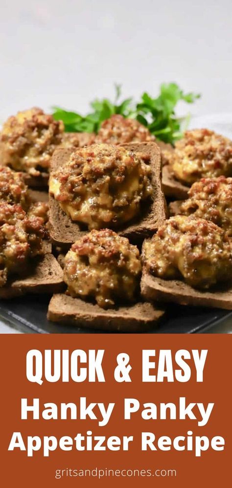 This hanky panky recipe is a delicious cocktail rye bread appetizer. Rye toast is topped with pork sausage and melty Velveeta cheese. Everyone will love this tasty treat! The best part is that it's super easy to put together for game nights, the holidays, or dinner! Cocktail Rye Bread, Hanky Panky Recipe, Sausage Appetizers, Rye Toast, Dinner Party Appetizers, Appetizer Menu, Velveeta Cheese, Quick And Easy Appetizers, Bread Appetizers