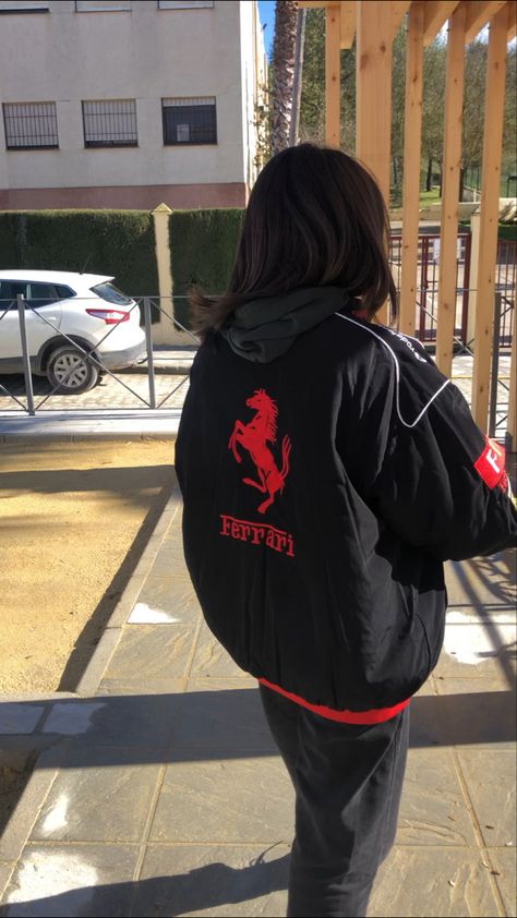 Nike Windbreaker Outfit, Ferrari Hoodie, Red Hoodie Outfit, F1 Hoodie, F1 Jacket, Vintage Racing Jacket, Race Outfit, Ferrari Jacket, Jacket Outfit Women