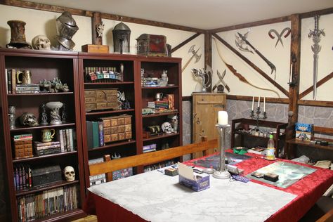 The finished gameroom Tavern Themed Room, Medieval Game Room, Dnd Room Interior Design, D&d Game Room, Tavern Game Room, Tavern Basement, Tabletop Game Room, D&d Room, Apocalypse Bunker