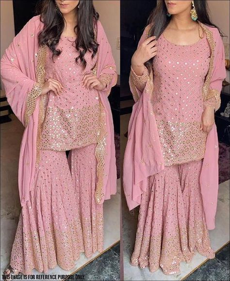 Introduce new extend of trend to the new generation with this baby pink colored designer salwar suit.The semi stitched suit is made of faux georgette fabric that has beautiful Embroidery and sequence work which is eye catching.Comes with faux georgette made plazzo and georgette dupatta. Specially designed to wear for wedding functions, receptions, engagement ceremony and family occasions, where you want to be center of attraction. Pair it up with classy accessories and heels to make your look mo Cocktail Sharara, Pink Sharara Suit, Wedding Sharara, Pink Sharara, Classy Accessories, Bollywood Suits, Georgette Sharara, Suit Indian, Salwar Suits Party Wear