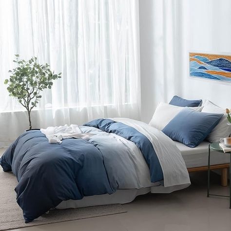 Amazon.com: 100% Cotton Duvet Cover King Size - Reversible Ocean Blue Duvet Cover Set with Button Closure, Gradient Navy Blue Bedding Set 3 Pcs, 1 Duvet Cover 104"x90" with 8 Corner Ties and 2 Pillow Shams 20"x36 : Home & Kitchen Blue Mens Bedroom, Light Blue And Navy Bedroom, Light Blue Walls Bedroom, Navy Blue Bedding Sets, Dark Grey Duvet Covers, Ocean Duvet Cover, Navy Blue Bedding, Bedroom Chic, Black Bed Set