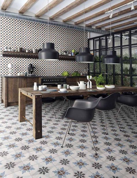 Would you cover your kitchen with patterned tile? From bright and bold to just a touch, here are six ways to make the trend suit your style. Tile Flooring, Design Hotel, Industrial Kitchen, Kitchen Trends, Decoration Inspiration, Cement Tile, Tile Design, Kitchen Flooring, Kitchen Inspirations