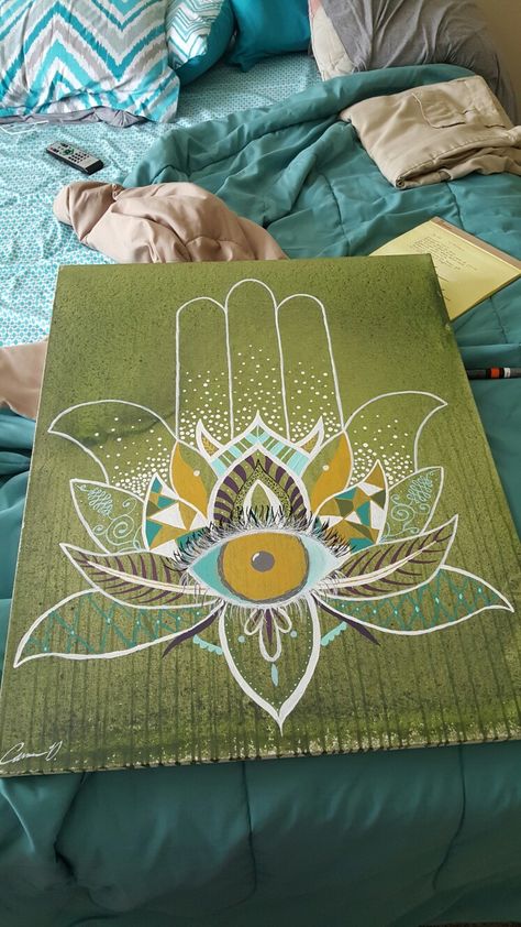 Hamsa painting                                                       … Spiritual Easy Painting, Hamsa Acrylic Painting, Meditation Canvas Painting, Hobo Painting Ideas, Hamsa Art Painting, Canvas Painting Spiritual, Simple Spiritual Paintings, Boho Acrylic Painting Canvases, 555 Painting