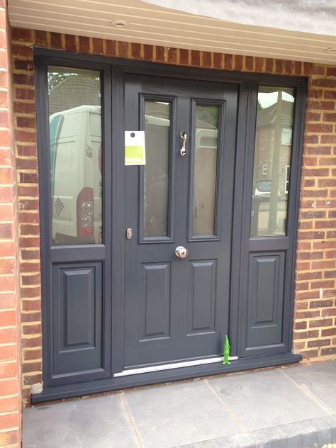 Stunning Ludlow 2 in Anthracite grey and matching sidelights fitted in Hertford  by Rock Solid Doors Grey Upvc Front Door, Solidor Ludlow Anthracite Grey, Grey Porch Ideas, Anthracite Front Door, Anthracite Grey Front Door, Gray Front Door, Solidor Door, Grey Front Door, Front Door With Sidelights