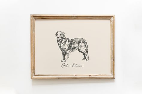 Dog Vintage Print | Golden Retriever Print | Dog Drawing | Farmhouse Print | Countryside Wall Art Golden Retriever Print, Nursery Guest Room, Puppy Drawing, Maximalist Wall Art, Drawing Stencils, Big Art, Dog Drawing, Canvas Paper, Dog Art