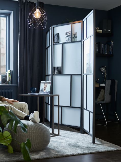 Double your space with a room divider - IKEA Ikea Showroom, Ikea Room Divider, Ikea Room, Block Out Curtains, Ikea Italia, Room Divider Ideas, Divider Ideas, Home Workspace, Thick Curtains