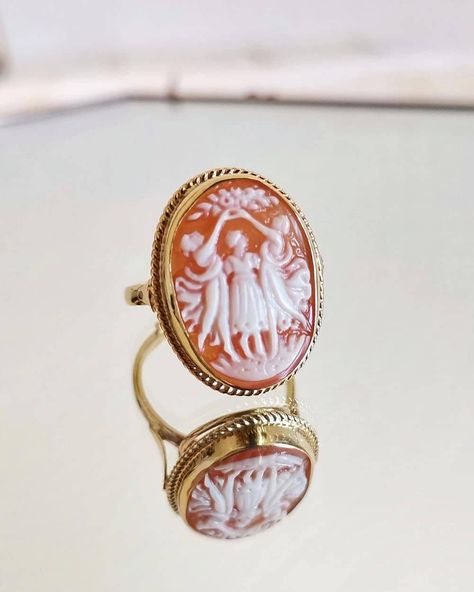 "The Three Graces adjustable cameo rings are finally here!! Featuring a beautiful, elegant cameo ring framed with a textured golden silver sterling band. Ring is easily adjustable to fit any adult size. The golden silver band is completely irritation and allergy free, silver sterling 925. Perfect gift for mothers day, anniversary, bridal jewelry, wedding jewelry. The Three Graces are known to represent youth, beauty, mirth, and elegance. each cameo is made by hand, carved from sea shell, followi Cameo Rings, The Three Graces, Italy Jewelry, Jewellery Art, Friendship Rings, Three Graces, Cameo Jewelry, Cameo Ring, Cameo Brooch