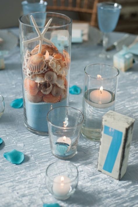 40 Amazing Beach Wedding Centerpieces | Weddingomania Nautical Centerpieces, Beach Theme Centerpieces, Beach Centerpieces, Beach Wedding Tables, Rustic Beach Wedding, Beach Wedding Centerpieces, Beach Wedding Reception, Tafel Decor, Wedding Crafts Diy