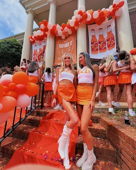 Kd Crushed It Bid Day, Orange Crush Bid Day Theme, Orange Bid Day Theme, Crushed It Bid Day, Ut Outfits, Work Week Themes, Kappa Delta Recruitment, Bid Day Themes Sorority, Unique Bid Day Themes