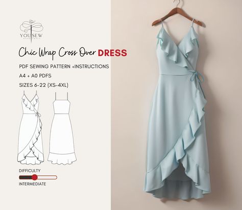 Ruffled Dress Pattern, Wrap Dress Sewing Patterns, Create Happiness, Wrap Dress Pattern, Ruffled Dress, Creation Couture, Diy Sewing Clothes, Clothes Sewing Patterns, Fashion Sewing Pattern